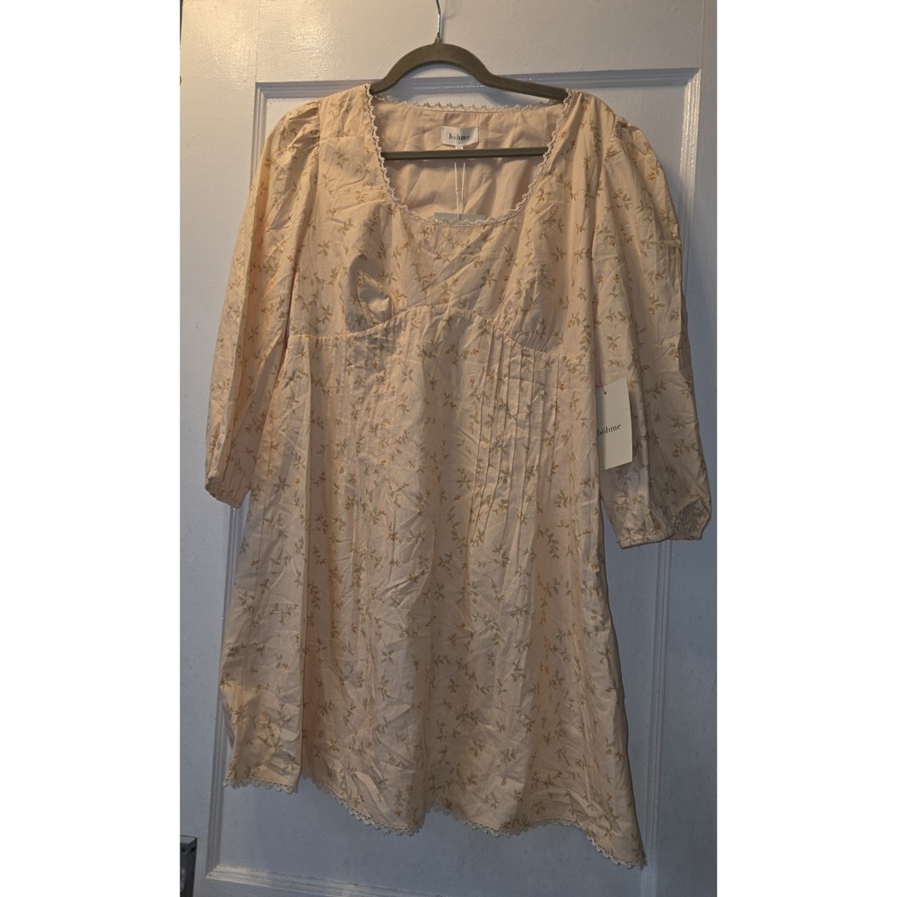 Böhme XL Yellow Floral A-Line Dress Scoop Neck Lace Trim Pleated Puff Sleeve